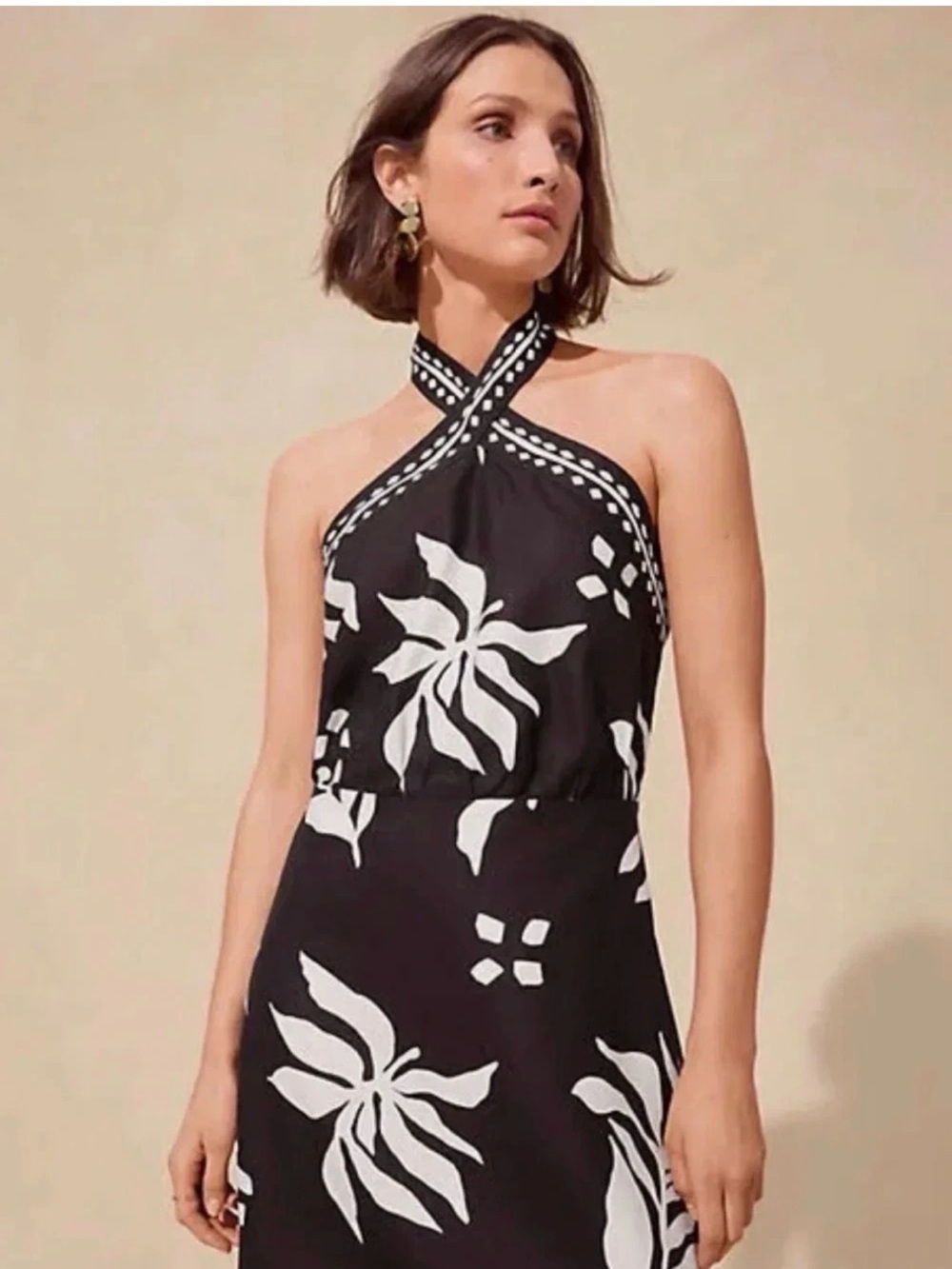 NEW LOFT  Fern Linen Blend Black White Halter Mini Dress Size  2P 2 Petite